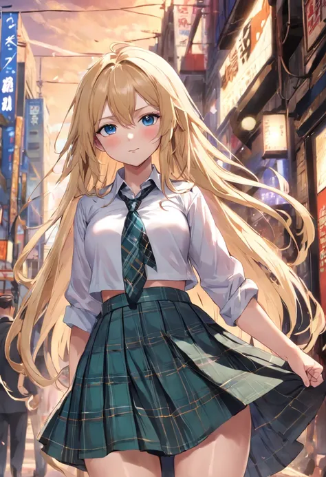 beautiful blonde woman，Long hair and blue eyes, Face at 60% Number of images, Photoreal,tmasterpiece，Need，Long hair all over the body，looking at viewert，Loose tie，tiese，nipple piercing，tartan，plaid skirts，pleatedskirt，red eyes，gyuru，校服，The shirt，a skirt，ss...