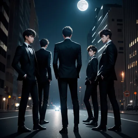 There is five boys group, standing on city roads , back pose, full body with black suit and hide face, teens, cool pose, back pose , night time with moon loght, realistic pose,