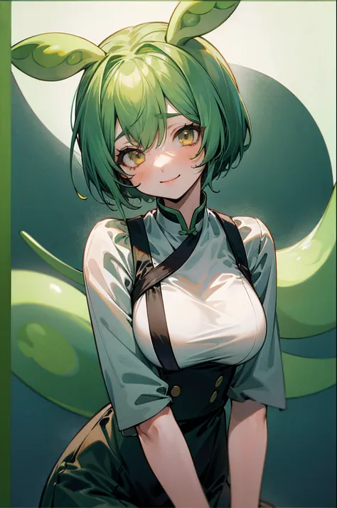 a beauty girl，yellow-green hair，bobhair、short-hair、gentle drooping eyes，large full breasts、校服，manga style，fulcolor，hi-school gir...