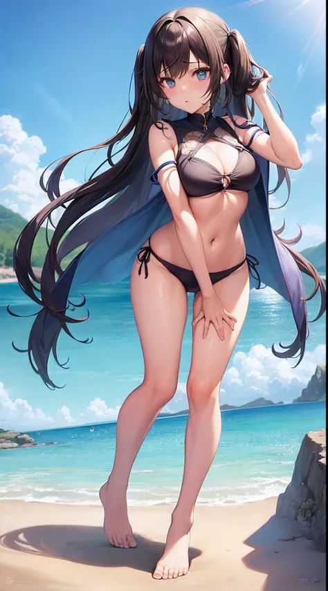 (full body Esbian:1.4),1girl in,(Leaning forward:1.3),Black hair fringe long hair、Braided hair、disheveled hair、Light brown eyes、(Embarrassed look)、(Extraordinary beauty)、(Colorful O-ring bikini top),oversized hoodie、(cleavage cutout),(Open Shirt),(爆乳)、Emph...