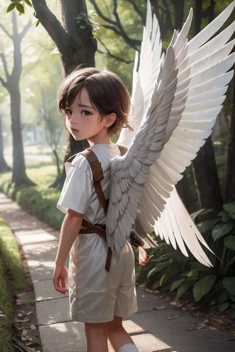 There is a child dressed as an angel walking down a path, Jovem Anjo Wan, menino alado, Anjo majestoso de corpo inteiro, Arte no estilo de Guweiz, Arte infantil em Artstation, Yanjun Chengt, painting digital adorable, epic angel wings, Akihiko Yoshida. Mot...