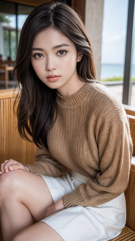 Top Quality, Masterpiece, Ultra High Resolution, (Photorealistic: 1.4), Raw Photo, Single Indonesia Girl, Brown Dark Hair, Sea Resort Café, Natural Light, Above Knee Portrait,, Spring Sweater, White Skirt