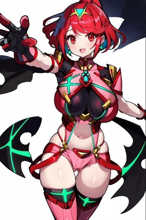 pyra (xenoblade), teen_1girl, loli, armor, bangs, black gloves, breasts, red eyes, light_open_mouth, earrings, eyelashes, fingerless gloves, floating hair, framed breasts, gem, gloves, hair ornament, headpiece, jewelry, big_breasts, leaning back, leotard, ...