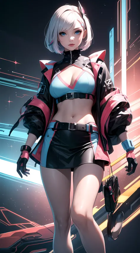 (masterpiece,high quality:1.2),very detailed,Short,A-line bob,vibrant hair color,tech-inspired hair accessories,expressive eyes,high cheekbones,bright lips,holographic makeup,futuristic attire,confident,bold,advanced,flat colors,huge breasts,mini skirt,sce...