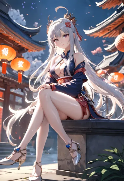 raiden mei (Valkyrie blade strikes), {Game CG}, Office Lady, Very long hair, {{Skinny}}, {{Mature female}}, Slim legs, Best quality, Masterpiece, Detailed, Outdoors, Suzhou Garden, Chinese clothes, {{Black pantyhose}}, White footwear, High heels, Sitting, ...