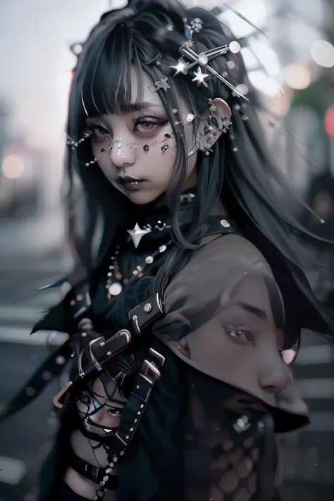 Flaming eye、bob cuts、Blunt bangs、(((A dark-haired))),eye glass、Lunette de soleil、piercings、Forehead、Blunt bangs、Eyebrows are visible、The bikini、goth_punk, 1girl in, 独奏, medium shot, Walking in Harajuku, ((during night)), bokeh dof, Neon light, Iridescent e...