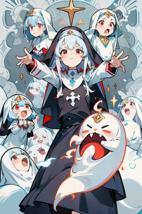 adolable，a beauty girl，Manteau blanc，lewd nun，cavalier，mechs，whaite hair,Cute ghosts，Solemn ghosts，Heteropupil，Red eyes，Blue eyes，Blue pick dye，Red pick dye，exorcism