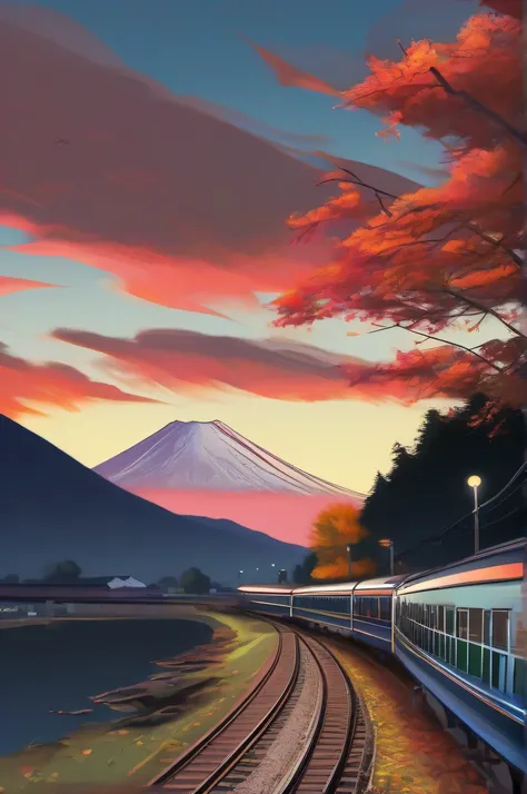 Landscape, under sunset, Mt. Fuji, Mt. Fuji on sunset, river, blue sky, autumn leaves trees on river side, sunset, railway, super express, complete with a vibrant and rich color palette, back light, (4k resolution concept art, inspiration from WLOP and Alb...