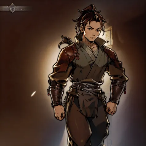 Game Art design, Octopath Traveler 2, 1boy, hikari ku, (solo:1.4), brown hair, ponytail, samurai warrior wearing a katana on his waist belt, japanese clothes with ornaments, yoroi, extremely detailed face and eyes, absurdes