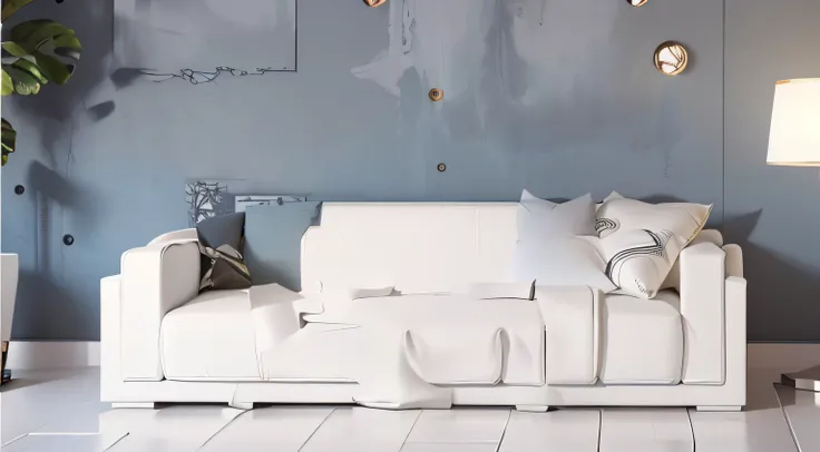 There was a white sofa and a lamp in the room, white furniture, in style of 3d render, couches melting, Artistic interpretation, indoor background, sofe, Solid Backgroud, furniture concept photo!!, soft render, bright render, lounge background, clean rende...