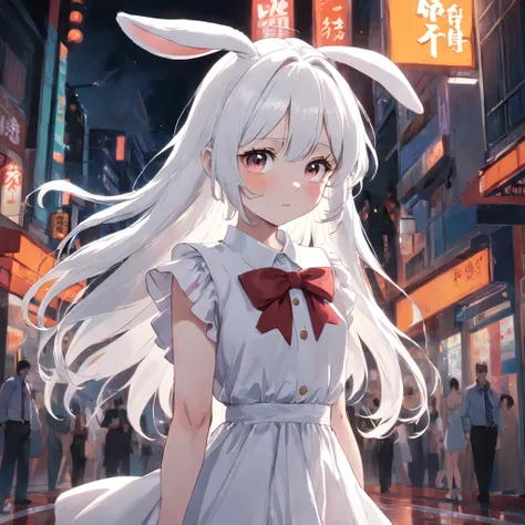 Girl Two Rabbit Ears White Hair Bow White Dress White Top Look at me with a shy expression