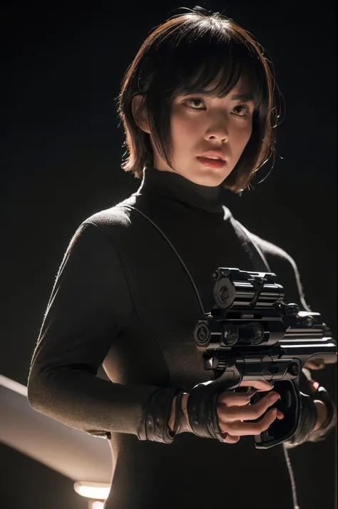 high quality, best quality, masterpiece, extremely fine and beautiful and detailed, professional photograph, extremely beautiful face, appropriate lighting,
ghost in the shell, beautiful girl, dynamic move, detailed black body light armor, (aiming a detail...