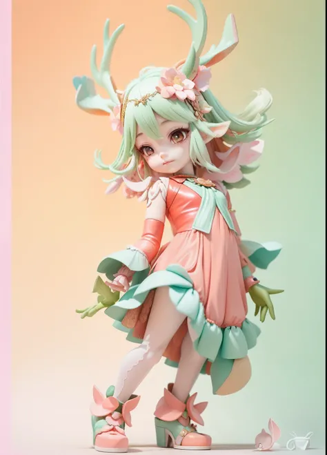 Close-up of a statue of a woman with a deers head,There are corals under the feet， Stylized anime, anime styled 3d, render of a cute 3d anime girl, elf girl wearing an flower suit, cute character, 8K high quality detailed art, Anime Stylization, pixie char...