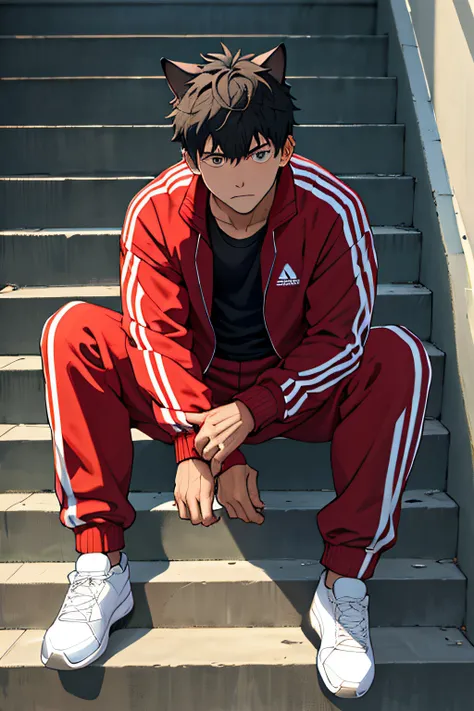 Libido boy,college aged,track suit,sit on stairs,There is some depth in the eyes,There is a cat next to it