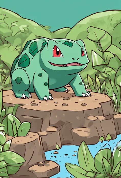 Bulbasaur Pokémon with big paws that could dig up a good amount of dirt that could be used to make mud pies, no meio da mata, landscape green coloration.