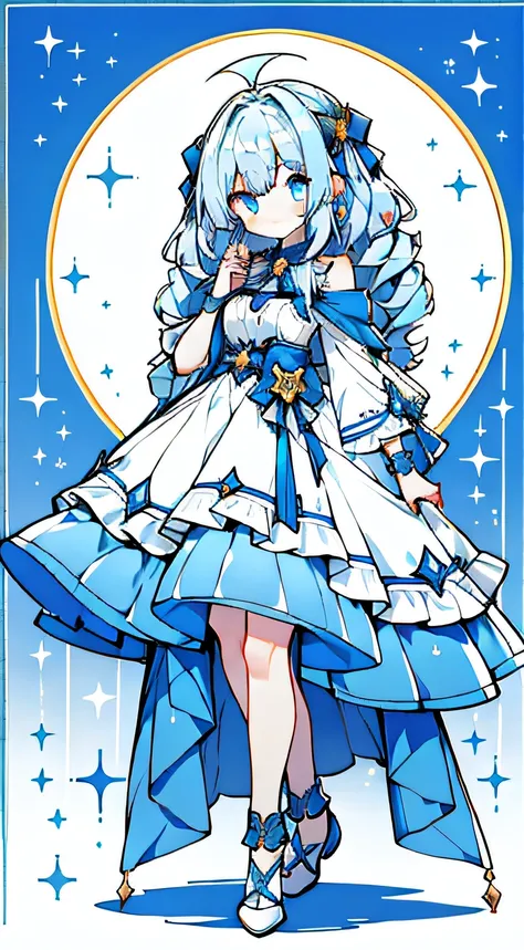 full body Esbian、Standing Picture、One girl、tmasterpiece、top-quality、Top quality light blue hair、blue colored eyes、starryskybackground，the night，Blue-haired beautiful girl，curlies，with hair dishevelled，pastel blue dress，A deep blue gemstone is set on the ch...