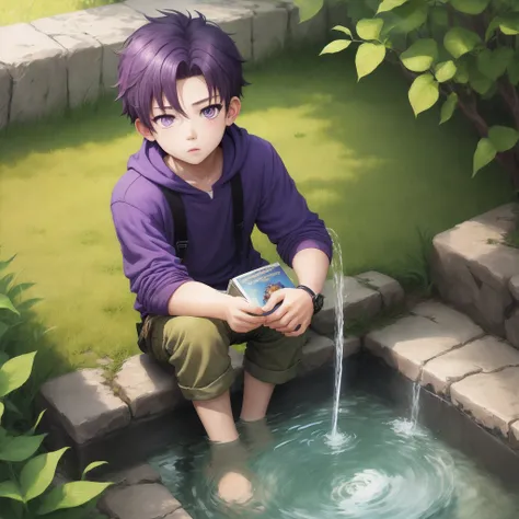 artbook, boy, purple eyes, peeing,