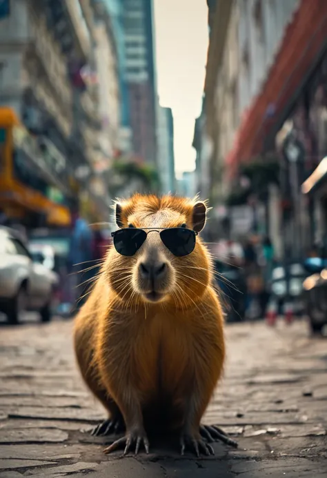 Capybara in sunglasses and headset walking the streets of São Paulo