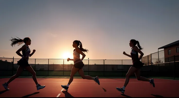 Photoquality　Silhouette of many female tennis team member running in schoolyard at red sunset