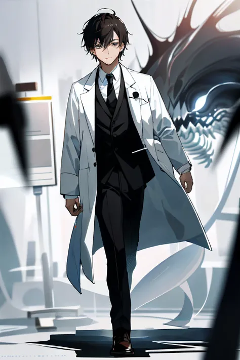 full body Esbian、frontage、dynamic shot、Young dark-haired man in white doctors coat、It is characterized by drinking coffee while thinking in the office。The very detailed prompt is as follows、Focus on clarity and illumination、Emphasize the subjects thoughtfu...