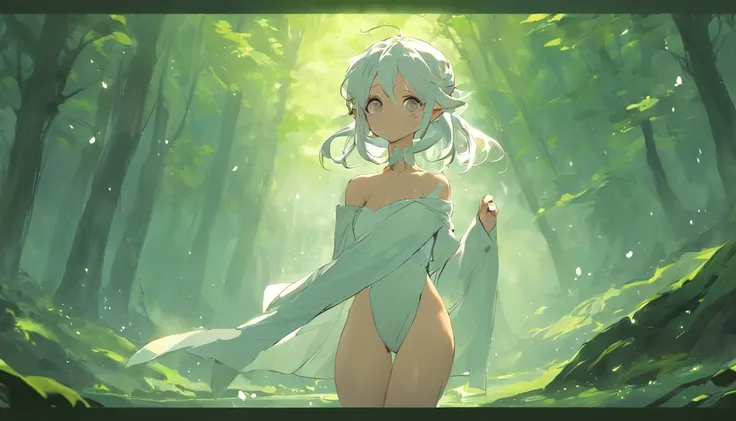 In the forest，A spring that radiates light，A beautiful female elf，Wearing a crisp white off-the-shoulder robe，Reveal attractive thighs，The white body was covered with water droplets，