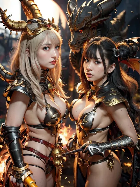 Professional , ​masterpiece、top-quality、photos realistic , depth of fields 、（Dragon Black Metal Body:1.９),(Mattretto、（cleavage of the breast）、Dragon Gold Weapon、（Micro Bikini Armor:1.４),Gorgeous gold weapons ,Particles of light、Particles of light、（（ Dragon...