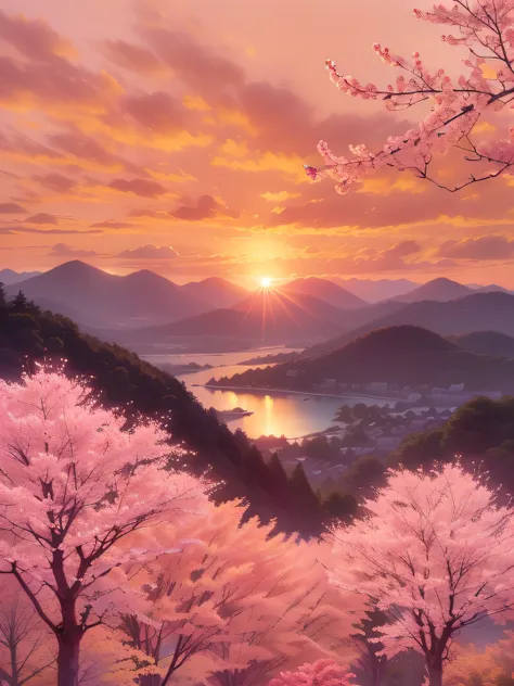 cherry blossoms in front of mountains on sunset background, sunset glow, beautiful sunset glow, vibrant sunrise, cold sunset, pi...