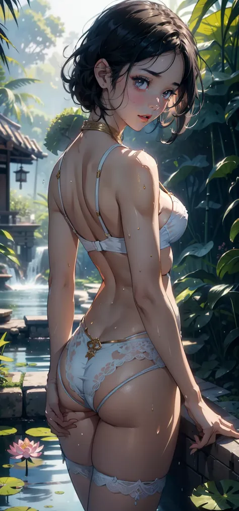 1female，Small loli，Small breasts，独奏，（Background with：bamboo forrest，lotuses，lotus flower，exteriors，Lotus pond） She has short black hair，standing on your feet，Sweat profusely，drenched all over the body，seen from the front， hair straight， mostly cloudy sky，（...