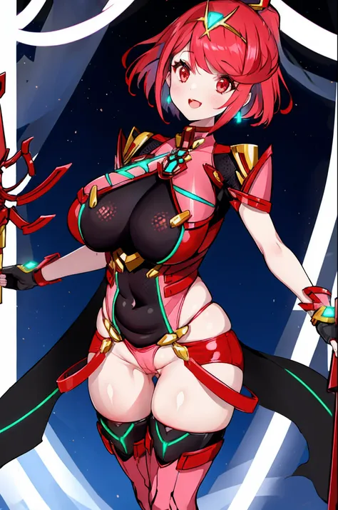 pyra (xenoblade), teen_1girl, loli, armor, bangs, black gloves, breasts, red eyes, light_open_mouth, earrings, eyelashes, fingerless gloves, floating hair, framed breasts, gem, gloves, hair ornament, headpiece, jewelry, big_breasts, leaning back, leotard, ...