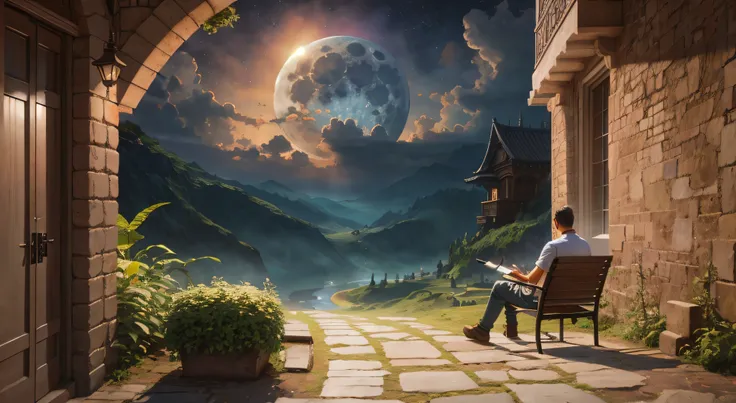 Theres a man sitting on a bench looking at a full moon, realistic fantasy rendering, Fantasy Style 8k Octane Rendering, (octan render) estilo fantasia, realistic fantasy illustration, sentado em uma lua, pintura fosca sonhadora, blue moon ray tracing, Surr...