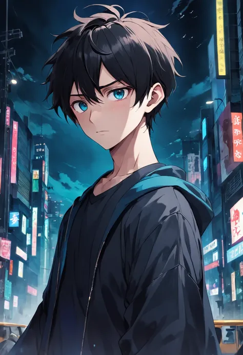 The male，being thin，Short hair, middle parted bangs,  Solid black top, Black-brown hairstyle, Dark blue eyes, Boy high detail, High quality，pupils，Gloomy，Introverted，head portrait