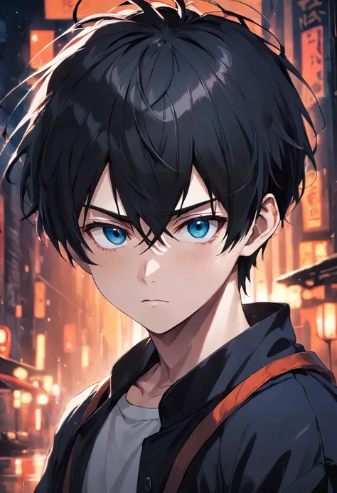 The male，being thin，Short hair, middle parted bangs,  Solid black top, Black-brown hairstyle, Dark blue eyes, Boy high detail, High quality，pupils，Gloomy，Introverted，head portrait