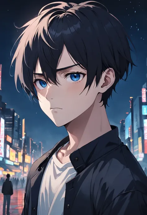 The male，being thin，Short hair, middle parted bangs,  Solid black top, Black-brown hairstyle, Dark blue eyes, Boy high detail, High quality，pupils，Gloomy，Introverted，head portrait