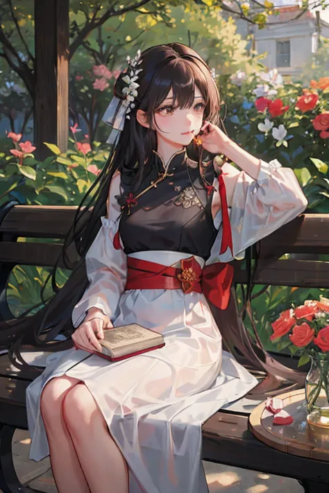 Elegant young woman sitting on wrought iron bench in the middle of lush garden。The garden is full of colorful flowers and greenery、It is necessary to create a lively and calm atmosphere。Females are long, Flowing hair,、It is necessary to style it with loose...