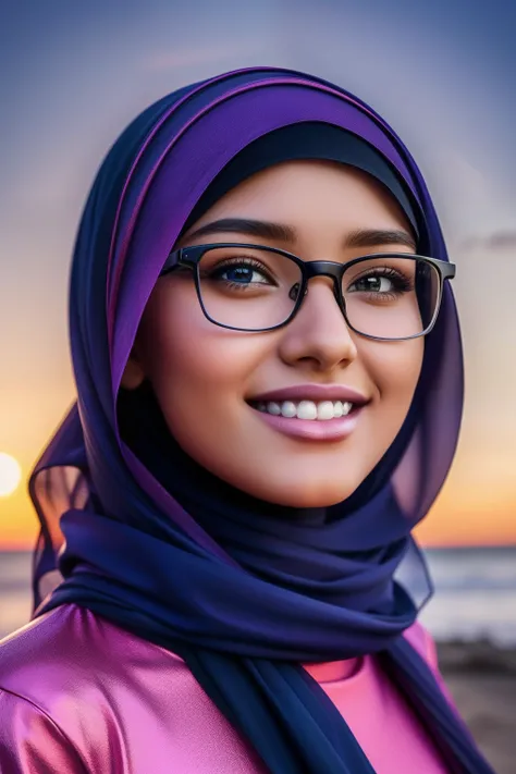 ultra realistic,16k,enhanced quality,perfect face,perfecthands,perfect body,ultra detailed,1girl,perfect hair,girl wearing glasess,perfect glasses,perfectsmile with braces,ultra realistic portrait:1.2,ultra realistic background,ultra realistic sunset, ultr...