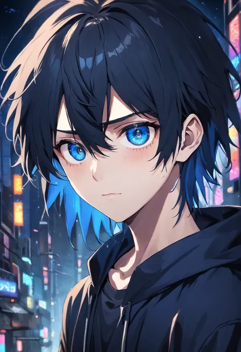 The male，being thin，Longer hair, Bangs half-cover one eye, Black  top, Black hairstyle, Dark blue eyes, Boy high detail, High quality，pupils，Gloomy，Introverted，Background with，head portrait