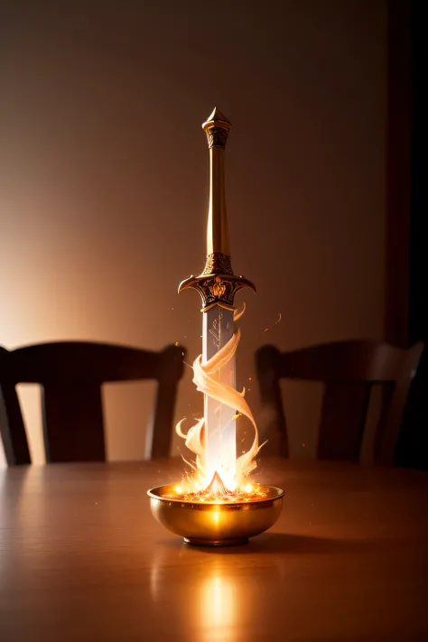 A beautifully detailed image of an enchanted sword lying on a table, glowing with magical energy. The blade, gleaming with a soft, warm light, curves and twists as it stretches from hand to hand, creating a mesmerizing, ethereal trail of swirling flames. T...