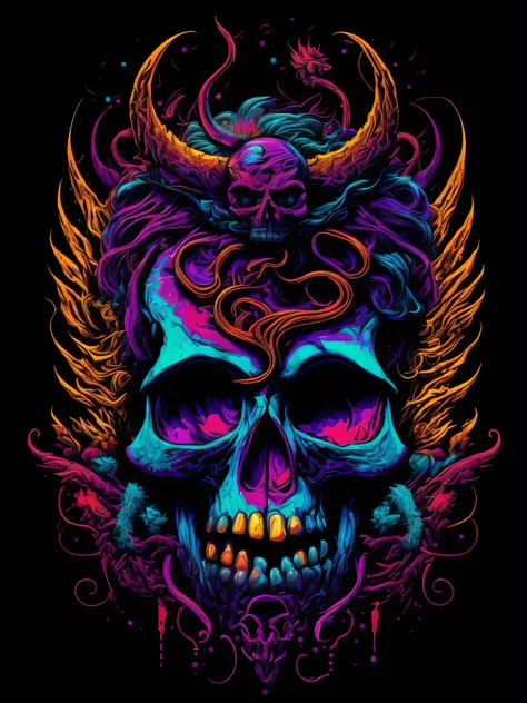 best quality, masterpiece, skull and dragon, purple blue red orange, bright neon colors on a black background, vector art,