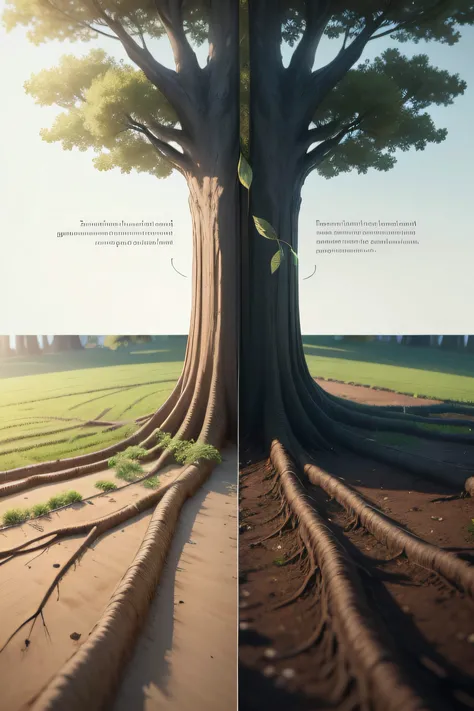 a photo of a composition divided into two parts: on the left, a sprouting seed, and on the right, a majestic, tall tree with meticulously detailed roots in the soil, against a transparent white background, with the words "Knowledge and Action in Unity" wri...