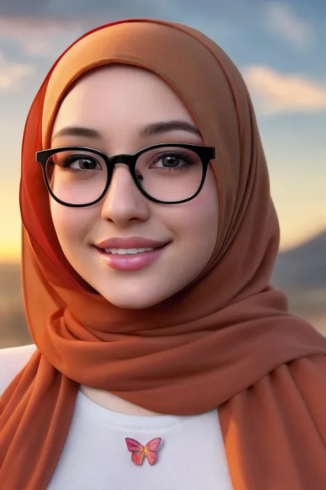 ultra realistic,16k,enhanced quality,perfect face,perfecthands,perfect body,ultra detailed,1girl,perfect hair,girl wearing glasess,perfect glasses,perfectsmile with braces,ultra realistic portrait:1.2,ultra realistic background,ultra realistic sunset, ultr...