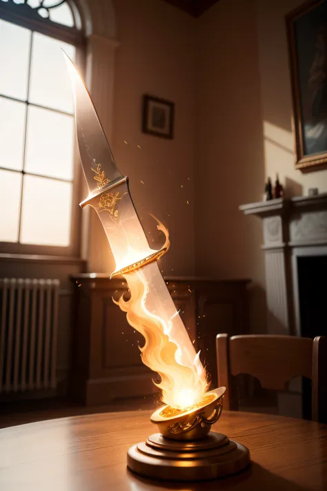 A beautifully detailed image of an enchanted sword lying on a table, glowing with magical energy. The blade, gleaming with a soft, warm light, curves and twists as it stretches from hand to hand, creating a mesmerizing, ethereal trail of swirling flames. T...