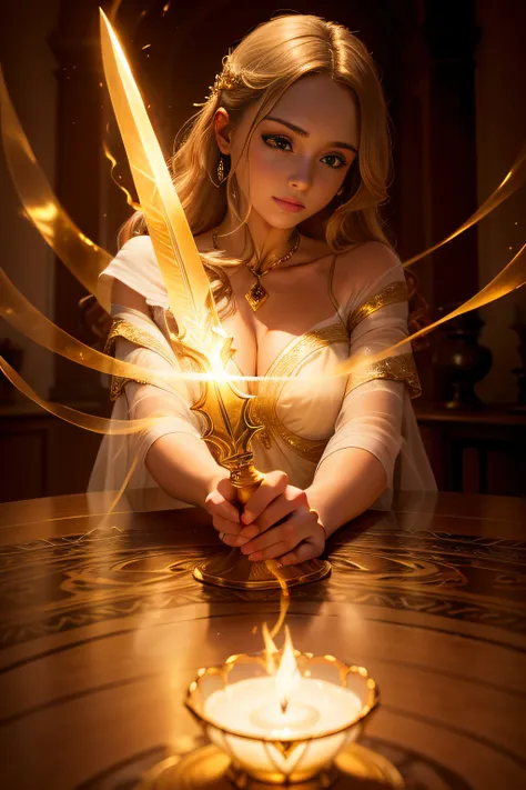 A beautifully detailed image of an enchanted sword lying on a table, glowing with magical energy. The blade, gleaming with a soft, warm light, curves and twists as it stretches from hand to hand, creating a mesmerizing, ethereal trail of swirling flames. T...