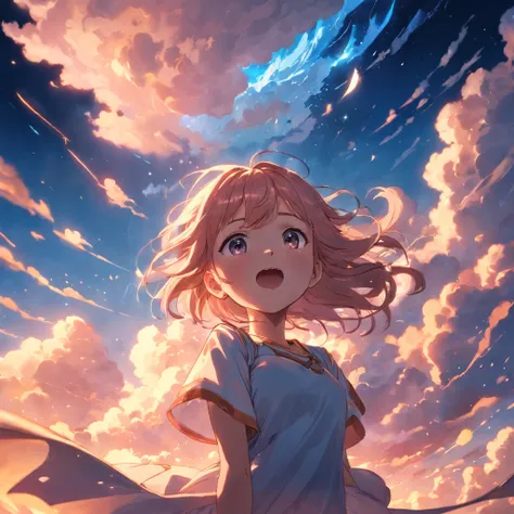 masterpiece, best quality, movie still, 1girl, cloud girl, floating in the sky, close-up, bright, happy, warm soft lighting, sunset, (sparks:0.7)