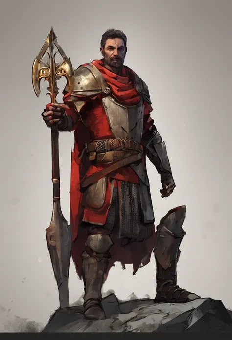 a medieval male Royal king , a big firey scar on the left side of the face, one red eye, one black eye, small gray iron sholder pads, red clothes with clothes under neath light yellow for the arms short dark brown hair and burned away on the left side and ...