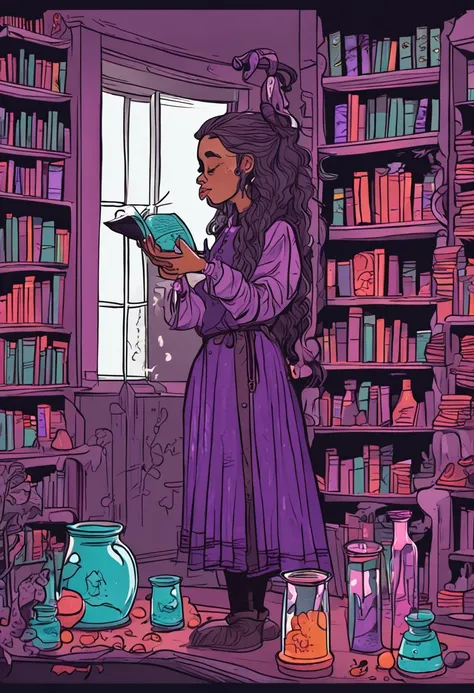 cartoon, Girl holding potion, sentada em livros, purple clothes, Potions on the shelf, candelabro, gato preto, goth clothing, witch hat, chapeu grande, potion cauldron