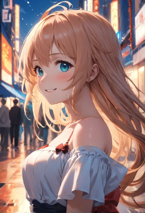 best quality, masterpiece, ultra high res, photorealistic, 1girl, offshoulder, smile