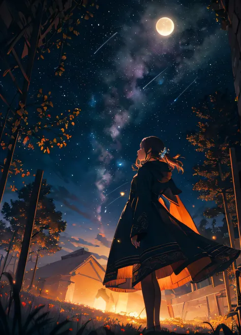 Expansive landscape photograph, (view from below with a view of the sky and wilderness below), little girl standing in a flower field looking up, (full moon: 1.2), (shooting star: 0.9), (nebula: 1.3), distant mountain, tree break production art, (warm ligh...