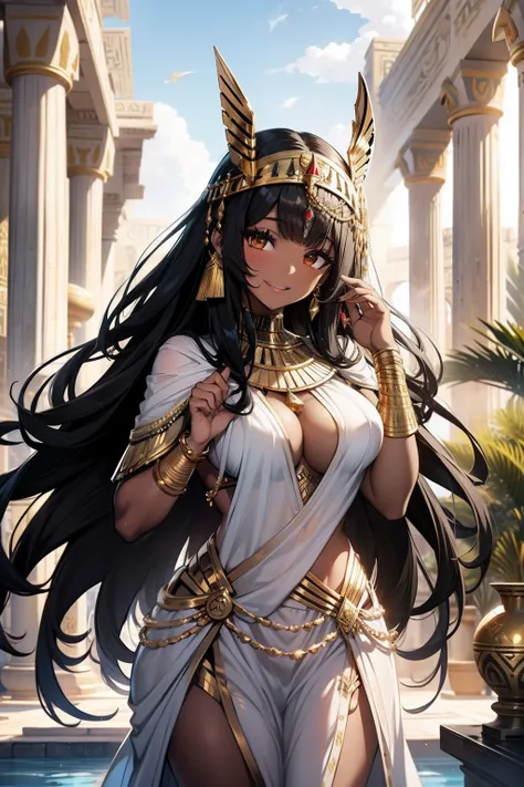 egyptian girl, black skin, egyptian hair, Cleopatra hair, black hair, golden diadem on head, wearing white egyptian clothes, empretress clothes, golden palace, goldsmoke in golden vases, smoke coming out of hand, tattooed body,, , Smiling in an oasis, 4k