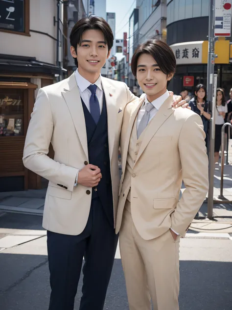 japanes、Handsome men、30-years old、One happy young Japan businessman president、A very attractive businessman, Elegant attire and hall々Stand with your arms crossed with a smile on your face、top-quality、​masterpiece、Photo Real、超A high resolution、the backgroun...