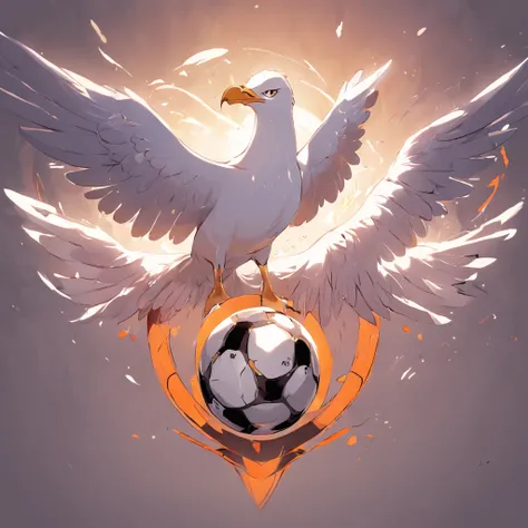 a powerful stylized seagull holding a soccer ball in its claws, 2d, flat, vector illustration, football team emblem, logo, centered, sharp, clean linework, sports, neutral grey background